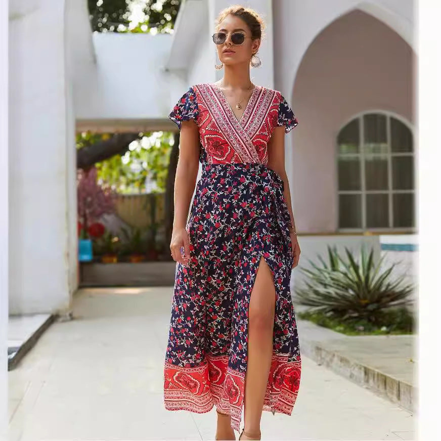 Casual vacation printed dresses lace-up big pendulum showing thin short sleeves