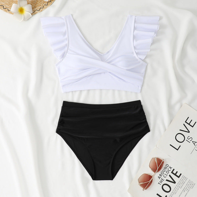 Split Swimsuit Slim Fit V Collar Contrast Color Ruffled Stitching Women Swimsuit Bikini