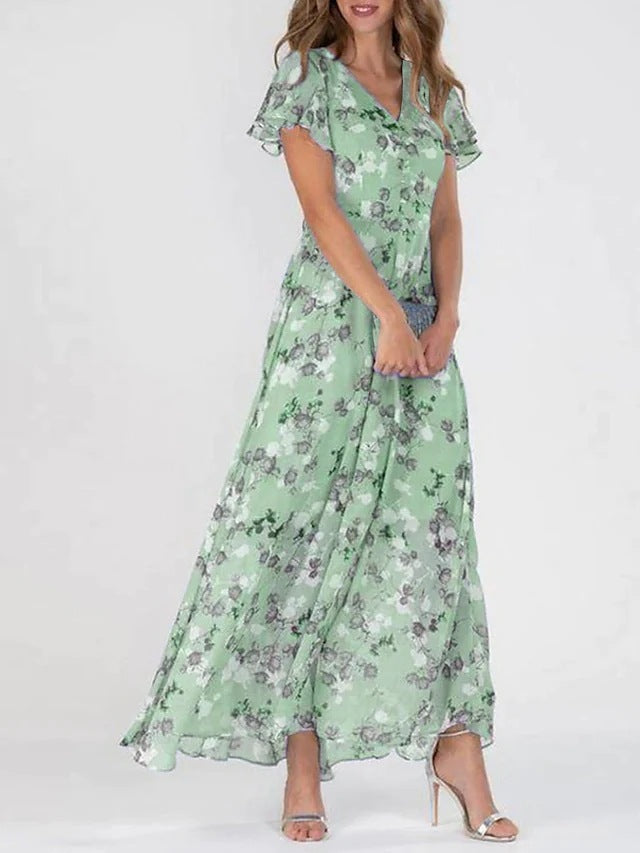 Beach Flared Maxi Dress Chiffon Floral Short Sleeve Ruffle V-Neck Fashion Waist-Defining Dress
