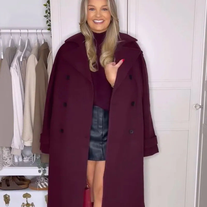 Wine Red Loose Notched Lapel Long Sleeve Single Button Coat Outerwear
