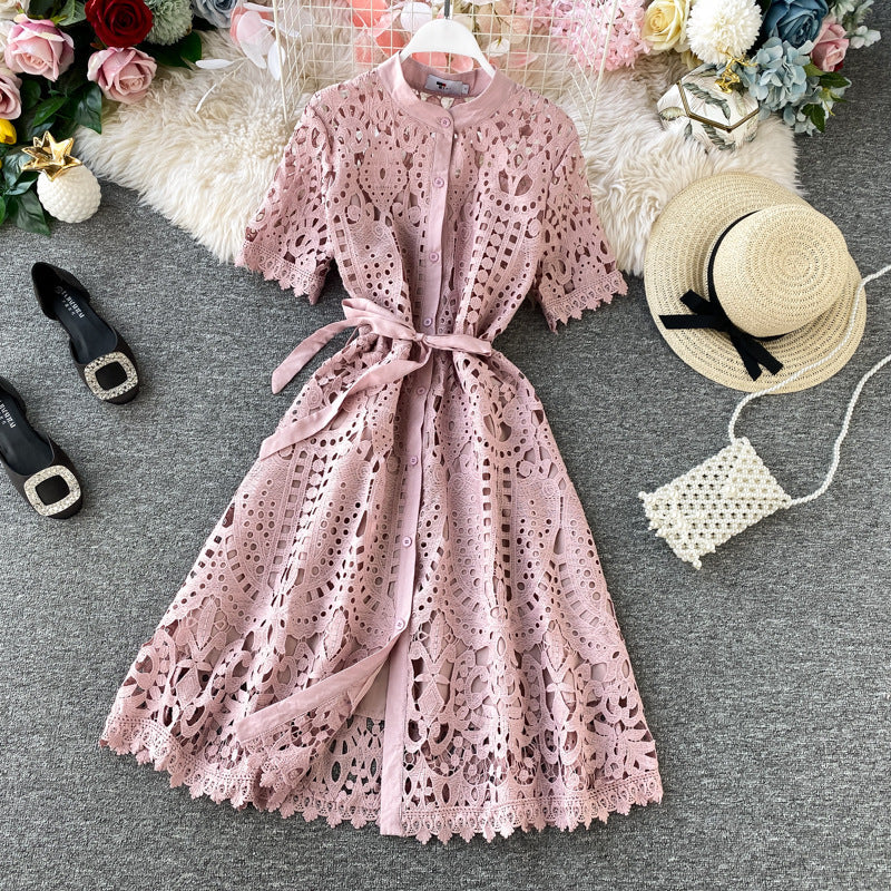 Hollow-Out Elegant Mandarin Collar Dress – Long Sleeve Lace Midi, Short Sleeve Button-Front Tie-Waist Gown