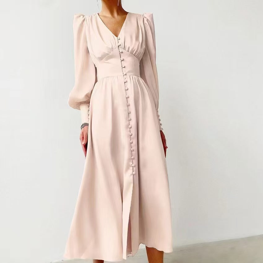 V-Neck Elegant Long Sleeve Waist-Defining Dress Style