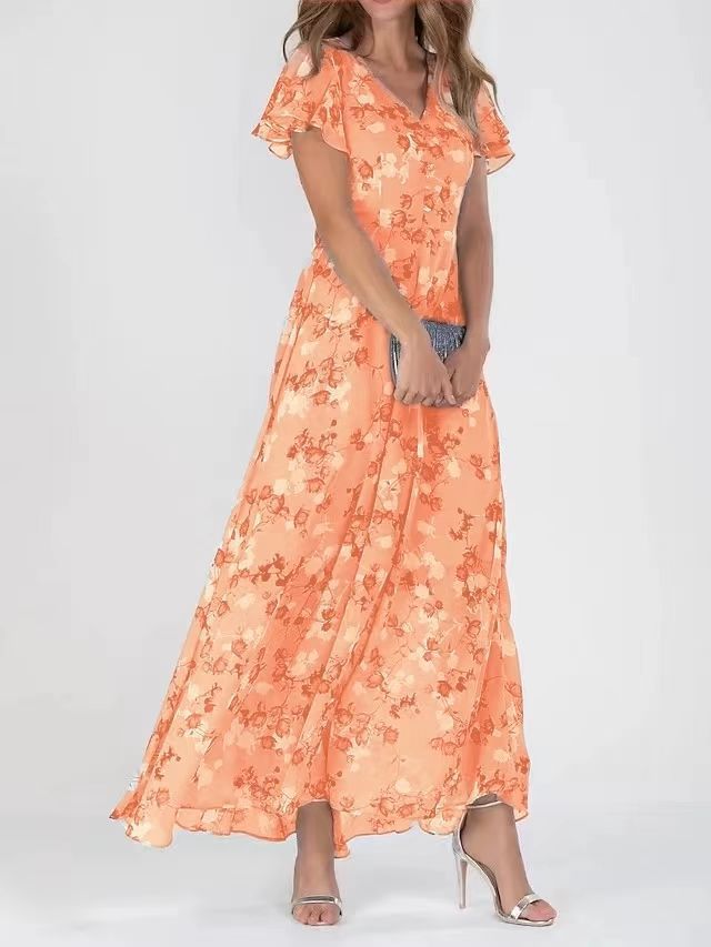 Beach Flared Maxi Dress Chiffon Floral Short Sleeve Ruffle V-Neck Fashion Waist-Defining Dress