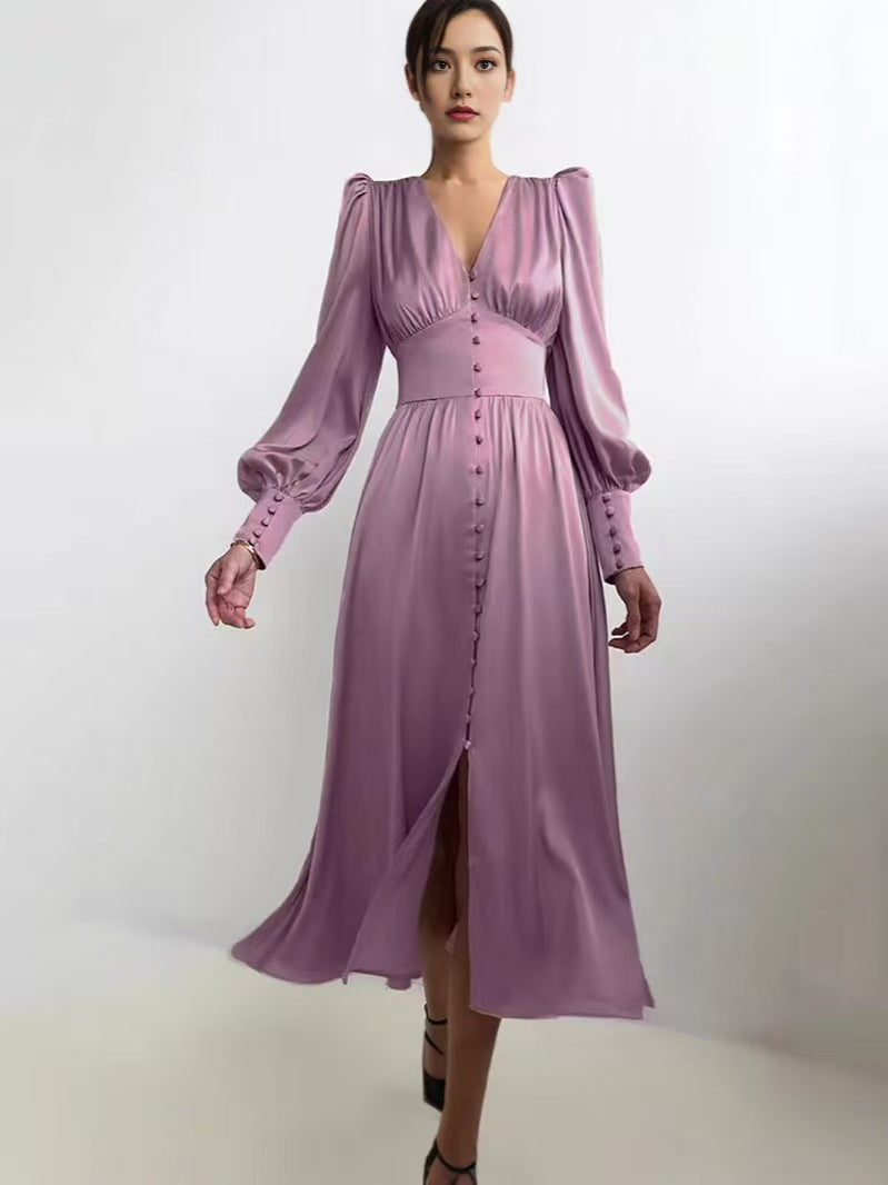 V-Neck Elegant Long Sleeve Waist-Defining Dress Style