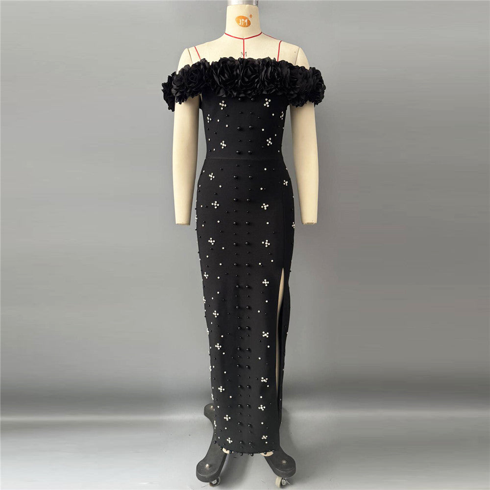 Sexy off Shoulder Beads Rhinestones Bandage One Piece Dress Applique Party Gathering Evening Dress