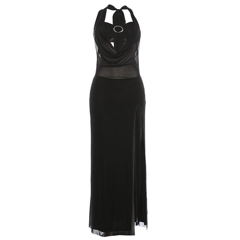 Women Clothing Autumn Sexy Mesh Stitching Halter Slim Fit Bandage Backless Dress