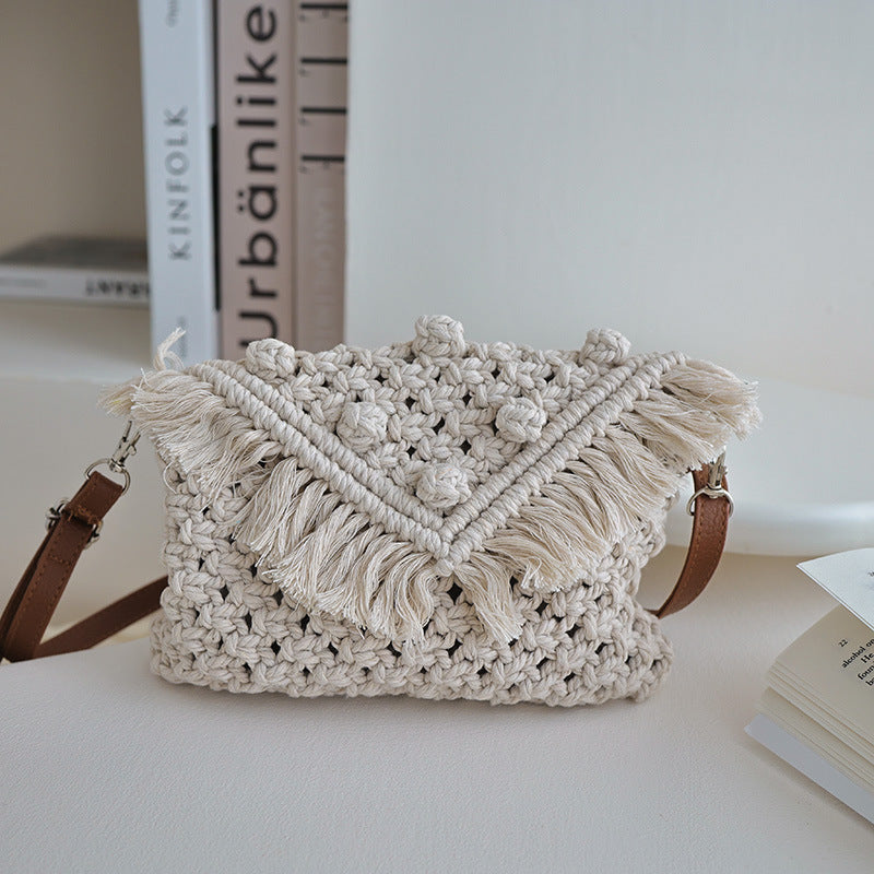 Crossbody Cotton Thread Woven Bag Women Tassel Bag Cover Shoulder Straw Bag Vacation Beach Bag