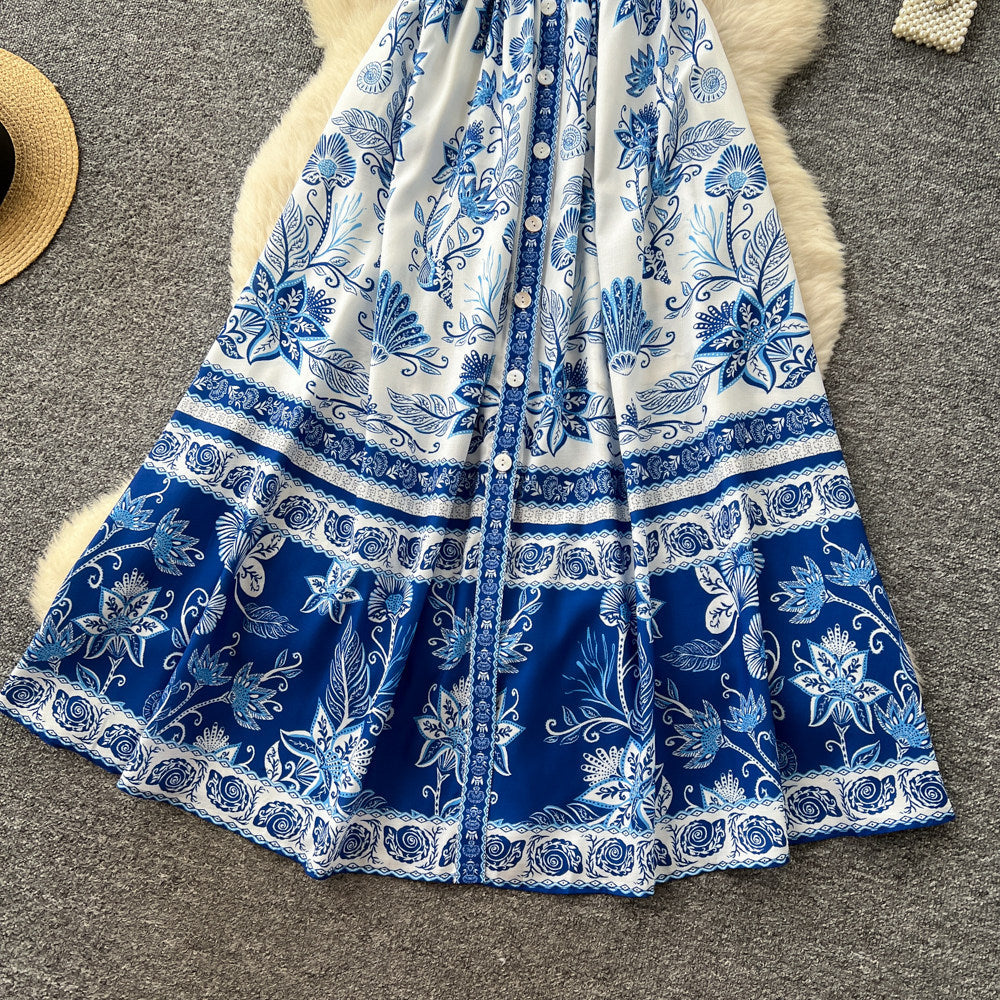 Blue Willow V-Neck Sleeveless Dress – Summer A-Line Maxi, Elegant Mandarin-Inspired Print