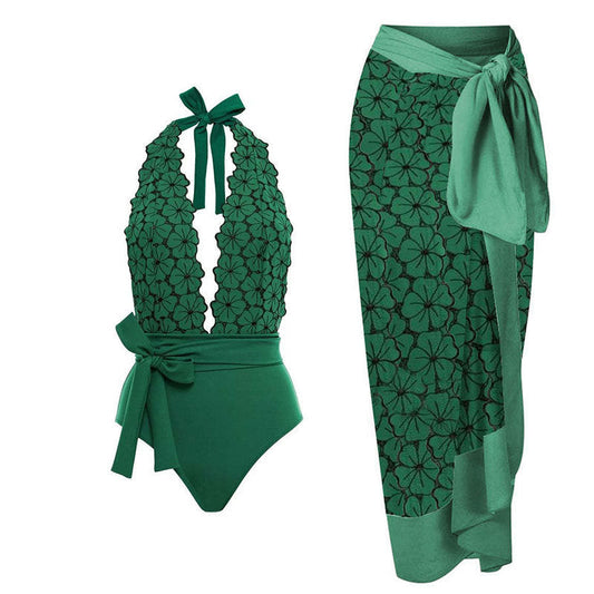 Women One Piece Swimming Bandage Women Tight Retro Printed Bikini Swimsuit Chiffon Skirt Set