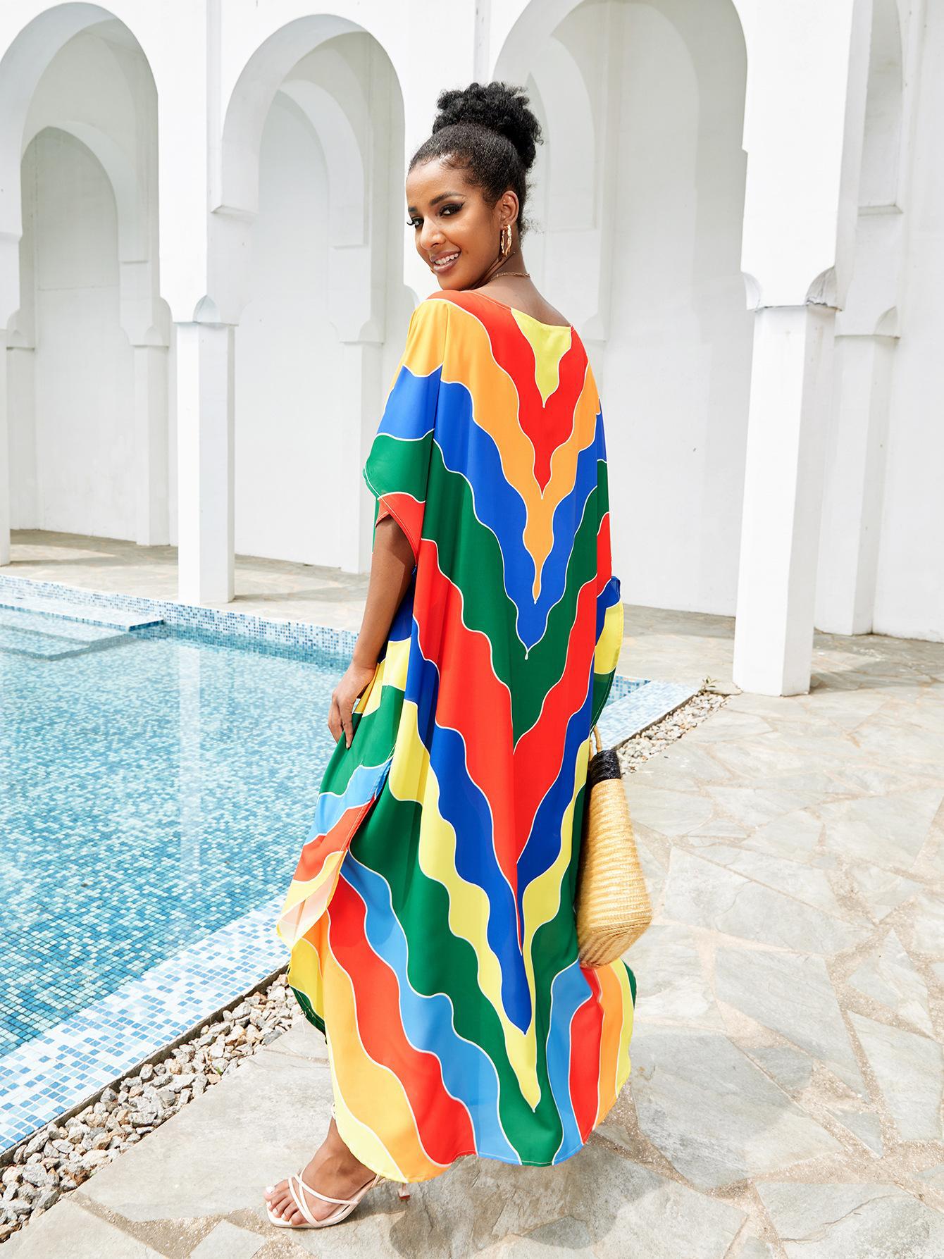 Print Beach Cover Up Sexy Loose Vacation Sun Protection Shirt Robe Bikini Cover Up