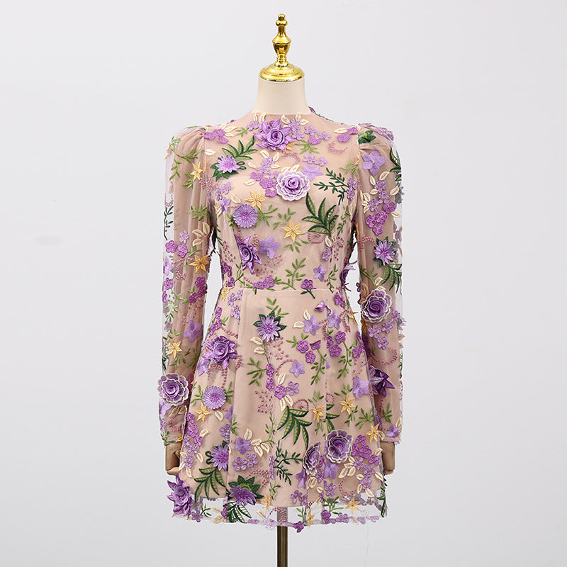 Heavy Industry Three Dimensional Floral Embroidered Slim Long Sleeve Short Dress Women