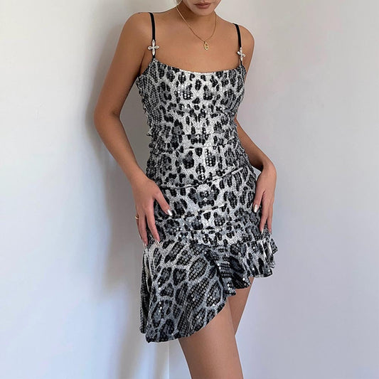 Women Clothing Autumn Sequined Leopard Backless Cross Decoration Sexy Dress