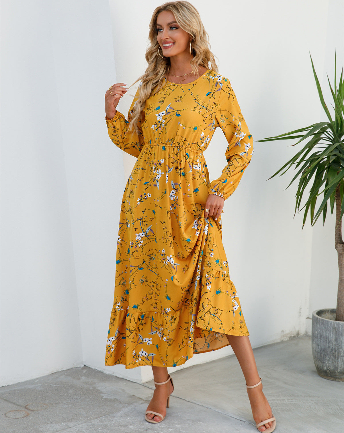 Spring and Autumn floral chiffon dress waist thin long sleeve round neck long printed skirt