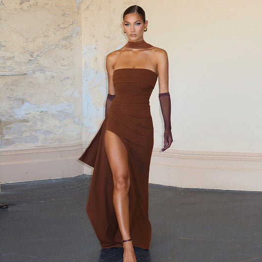 Women Clothing Summer Elegant Sexy Scarf Collar Slim Fit Slit Backless Dress Tube Top Dress