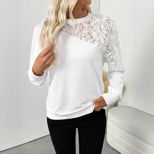 Graceful Personality Elegant Rose Three Dimensional Floral Decorative Long Sleeve Solid Color Hoodie Women