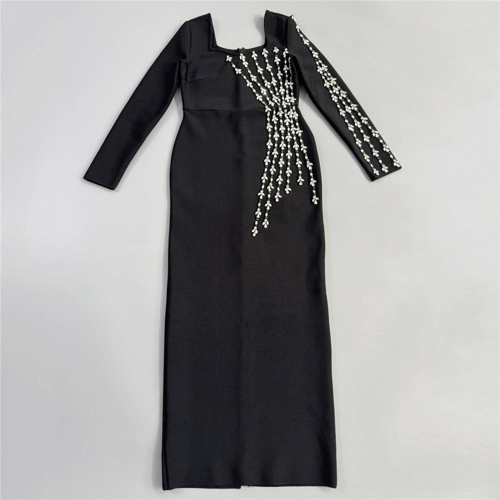 Square Collar Elegant Slim Fit Diamond Embedded Bandage Dress Ladies Party Party Evening Dress