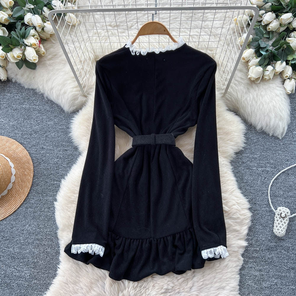 Pearl Buckle Lace Trim Dress – Black Tie-Waist Peplum Hem Mini, Elegant Cocktail Shift