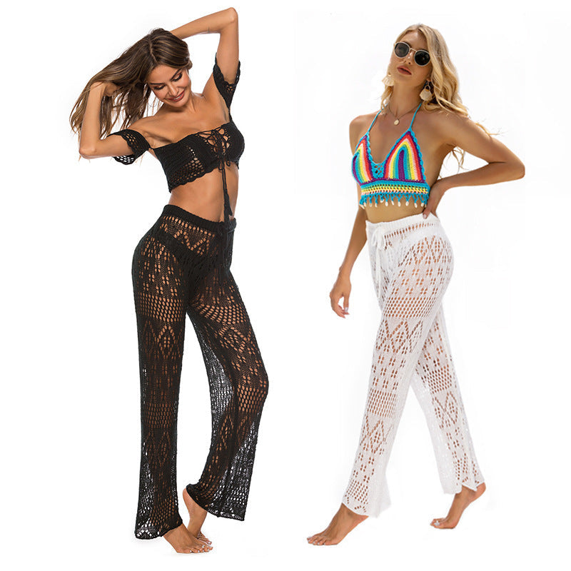Solid color sexy ladies nightclub sexy see-through cut-out woven anti-hiccup trousers hooked beach pants