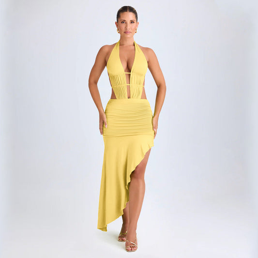 Irregular Asymmetric Women Pleated Tied Dress Autumn Winter Sexy Backless Hollow Out Cutout Hip Dress