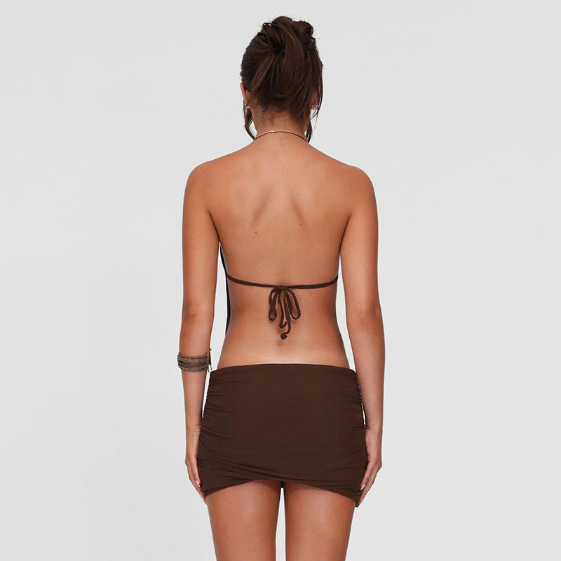 Summer Women Clothes Metal Ring Halter Sexy Backless Lace up Hip Dress