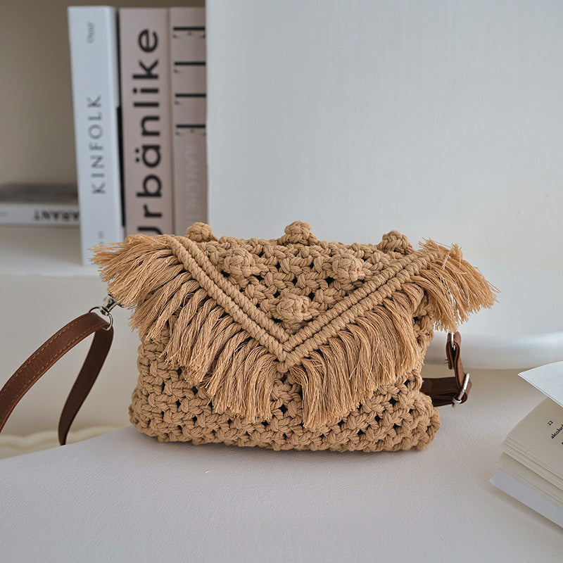 Crossbody Cotton Thread Woven Bag Women Tassel Bag Cover Shoulder Straw Bag Vacation Beach Bag