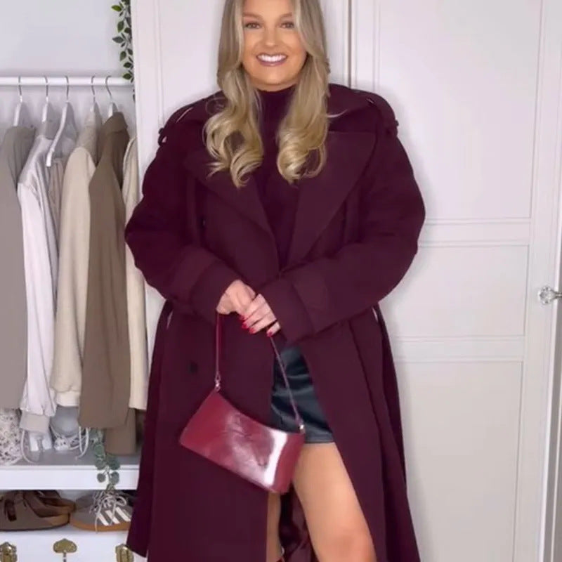 Wine Red Loose Notched Lapel Long Sleeve Single Button Coat Outerwear