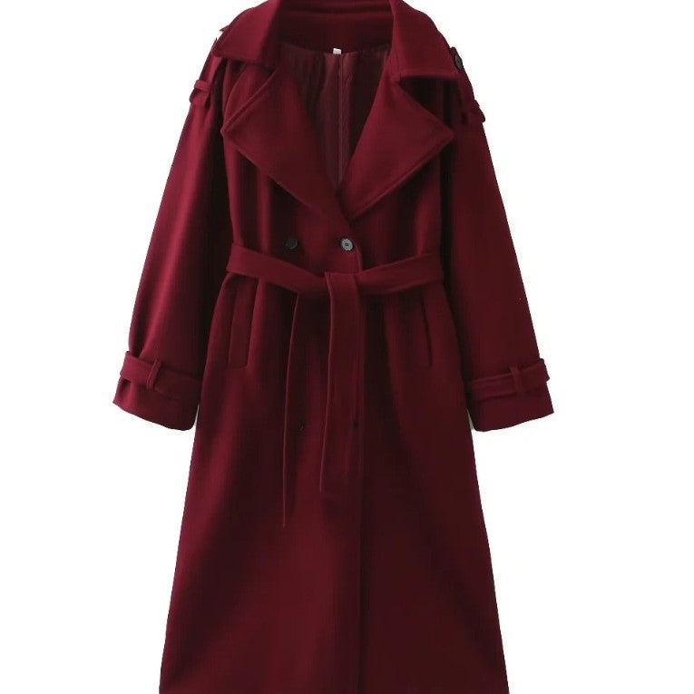 Wine Red Loose Notched Lapel Long Sleeve Single Button Coat Outerwear