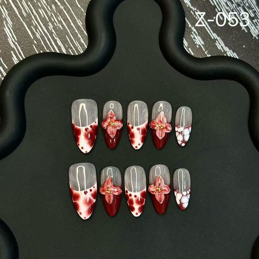 Tropical Flower Smudge Hand Painted Three-dimensional Carving French Advanced White Press on Nails Beauty