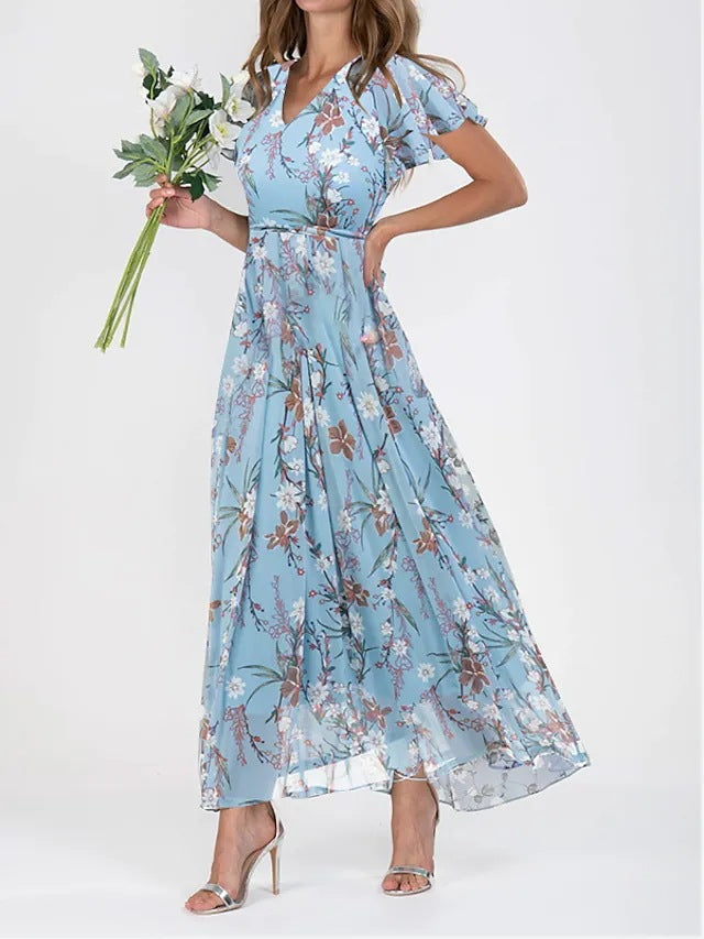 Beach Flared Maxi Dress Chiffon Floral Short Sleeve Ruffle V-Neck Fashion Waist-Defining Dress