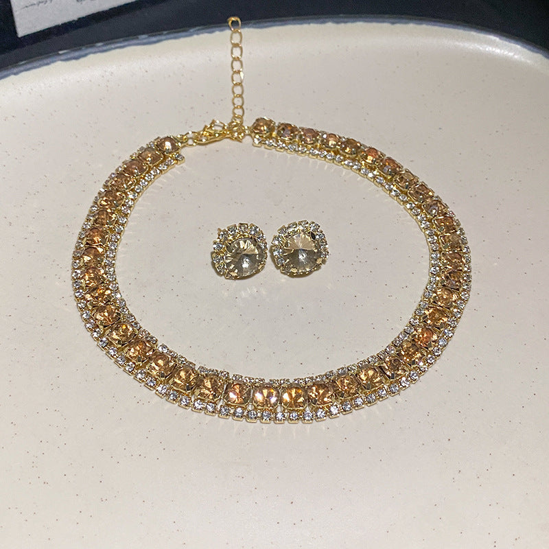 Square Round Zircon Ear French Entry Lux Clavicle Chain Advanced Jewelry Set