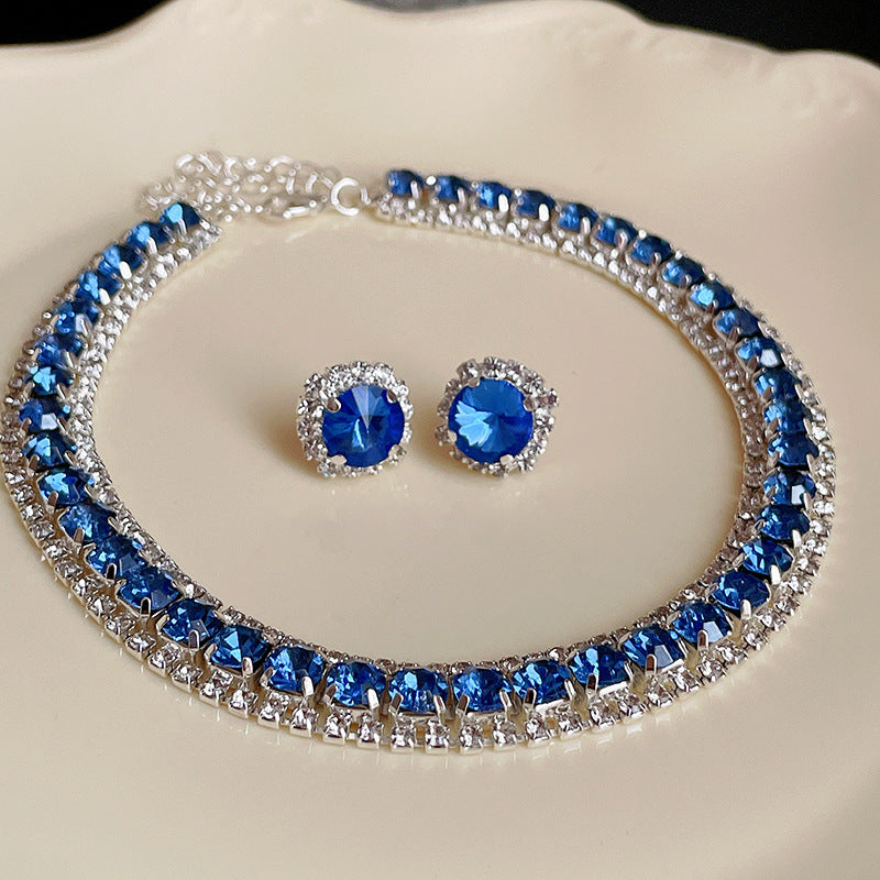 Square Round Zircon Ear French Entry Lux Clavicle Chain Advanced Jewelry Set