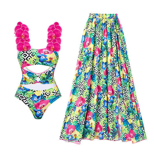 Floral Shoulder Strap Hollow Out Cutout Print One Piece Swimsuit Women Holiday