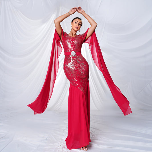Women Clothing High End Long Sleeved round Neck Sequ Slim Fit Sheath Cocktail Fishtail Evening Dress