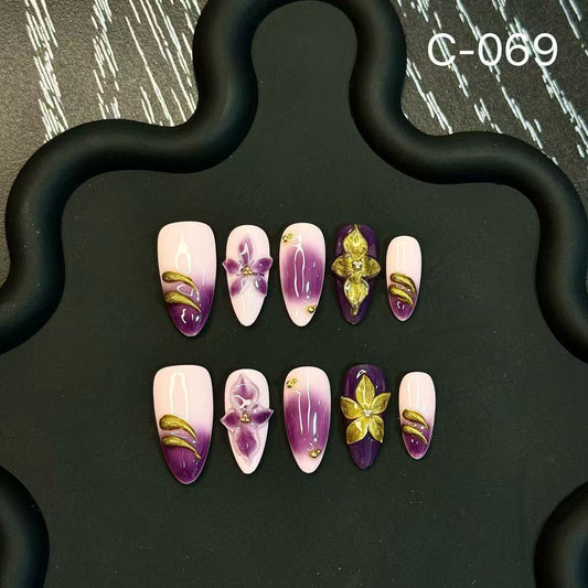 Engraved 3D Relief Fresh Personality Handmade Press on Nails Explosion