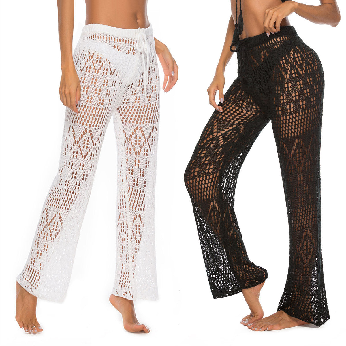 Solid color sexy ladies nightclub sexy see-through cut-out woven anti-hiccup trousers hooked beach pants