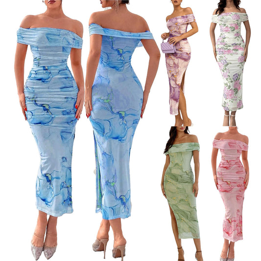 Women's Sexy Slit Bodycon Body-Hugging Printed Dress Pleated Maxi Skirt