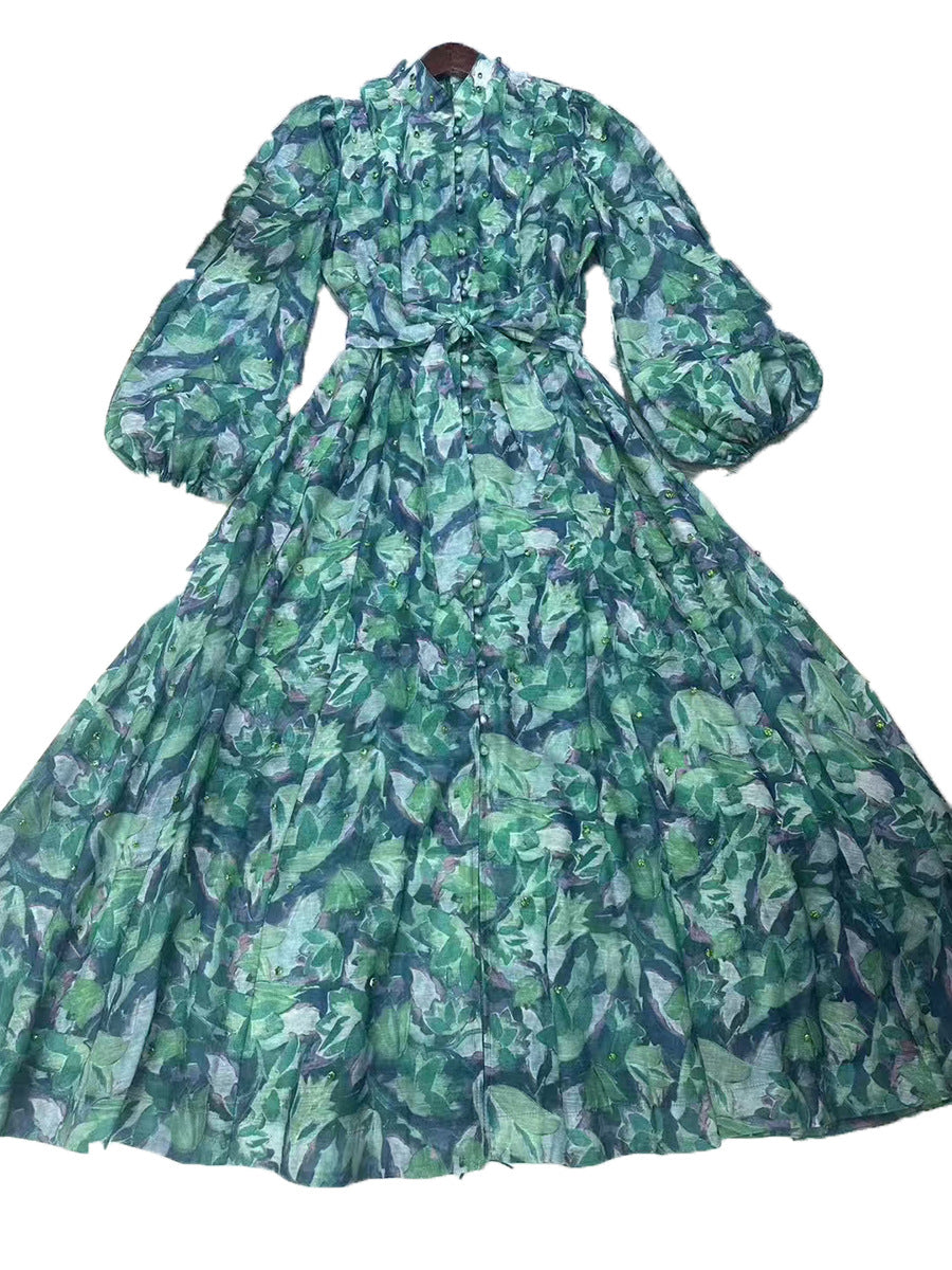 Beautiful Tea Break Dress Spring Summer Small Stand Collar Printed Lace up Waist Slimming Dress Women