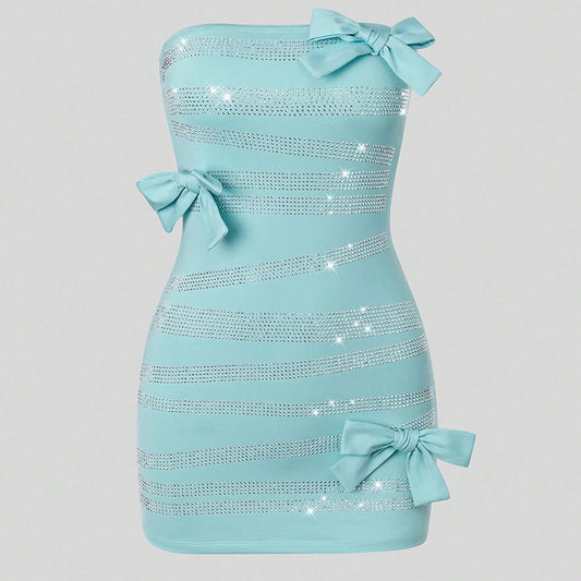 Popular off Shoulder Butterfly Rhinestone Sheath Dress Dress Milk Silk Outer