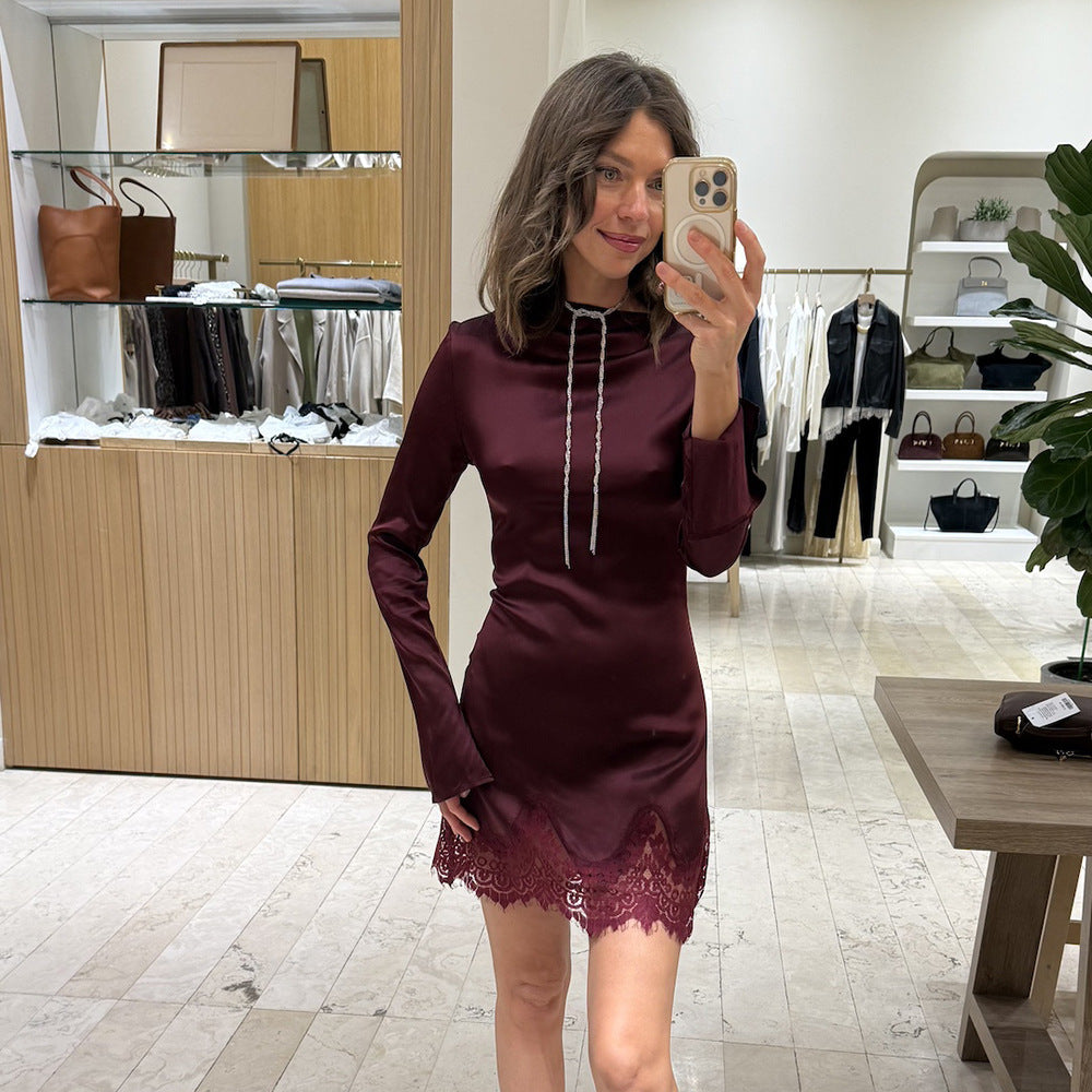 Pure Sexy Elegant Sexy Slim Dress Lace Solid Color Long Sleeve Narrow Dress
