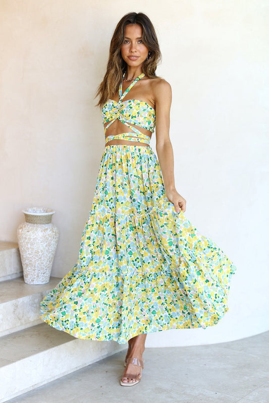 Spring Summer Sexy Halterneck Printed Tied Top Large Swing Dress for Women Floral Burst