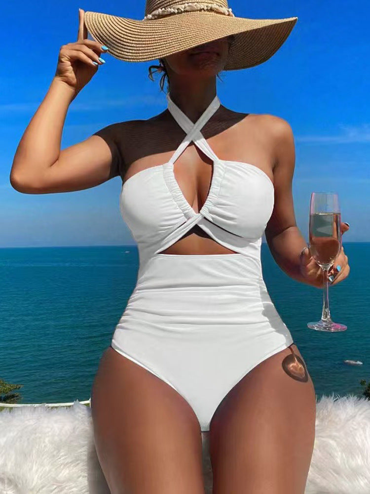 High Waist Solid Color One Piece Sexy Backless Halter Swimsuit for Women