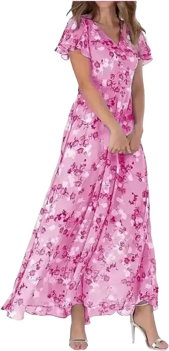 Beach Flared Maxi Dress Chiffon Floral Short Sleeve Ruffle V-Neck Fashion Waist-Defining Dress