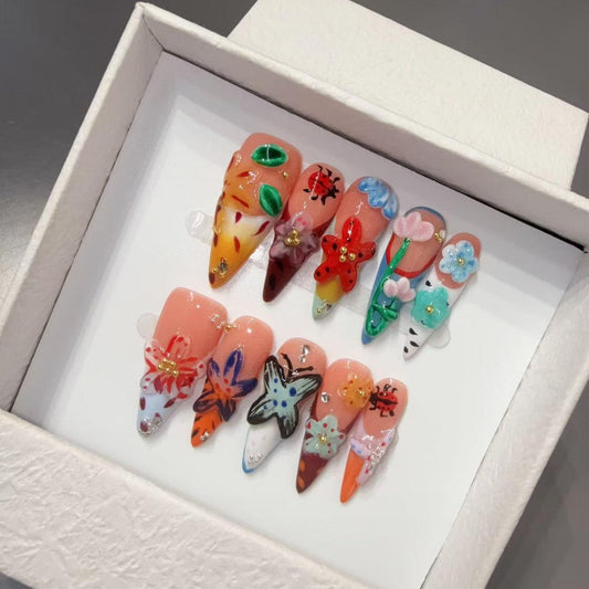 Popular Handmade Press on Nails 3D Carving French Ladybug 3D Flower