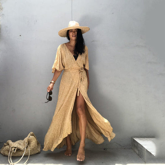 Sunscreen Cardigan Women Solid Color Lace-up Cardigan Half Sleeve Beach Sun Protection Bikini Coat Women