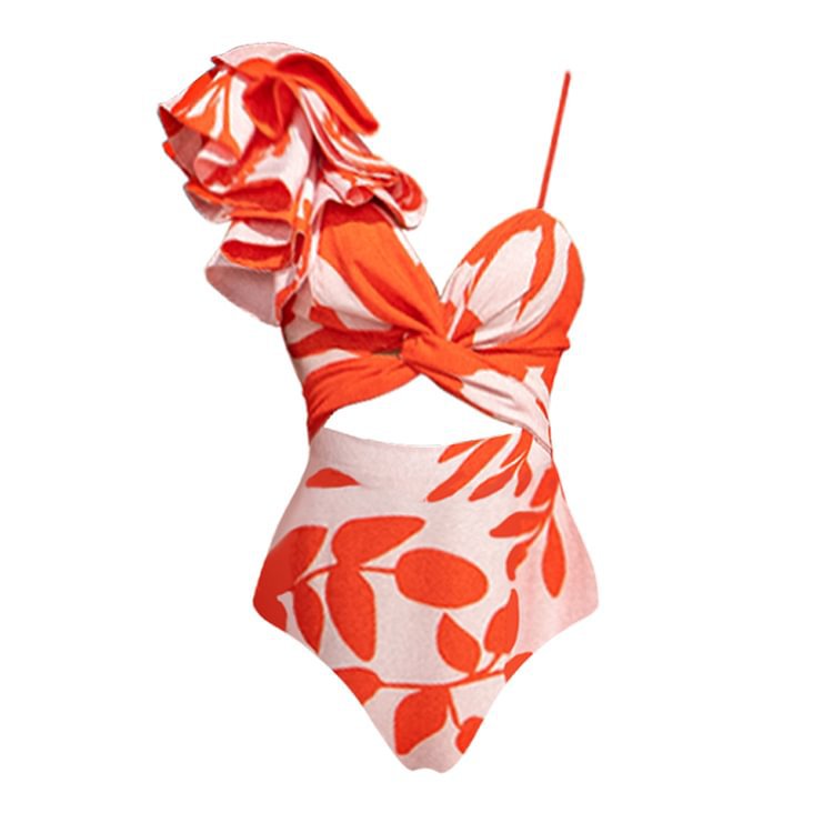 One Shoulder Ruffled Hollow Out Cutout Printed One Piece Swimsuit Women Skirt