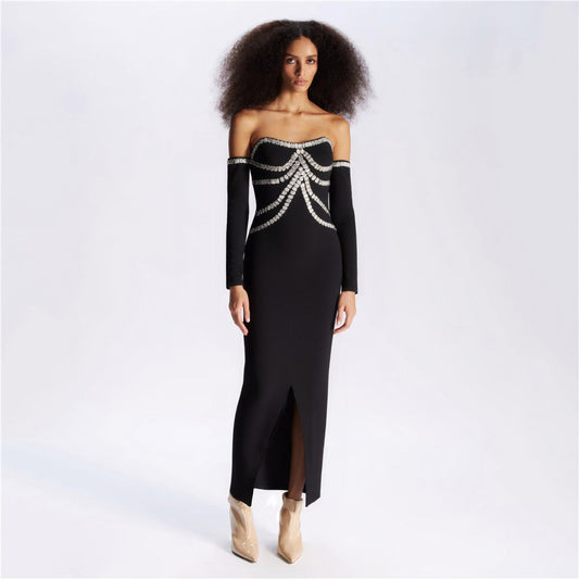 Heavy Industry Beads Rhinestone off-Shoulder Bandage One Piece Dress Party Dinner Tube Top Split Dress