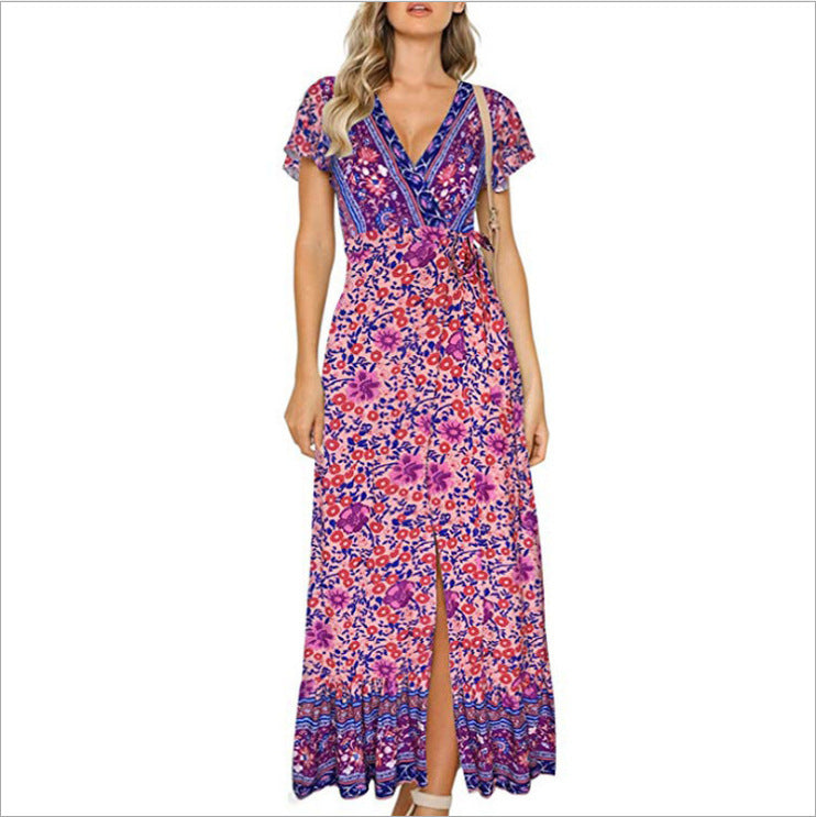 Casual vacation printed dresses lace-up big pendulum showing thin short sleeves
