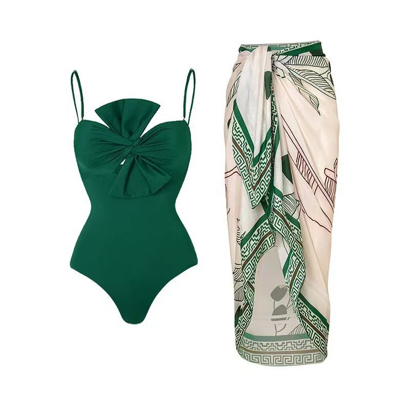 Women Swimsuit Solid Color One Piece Bow Conservative Swimsuit Women