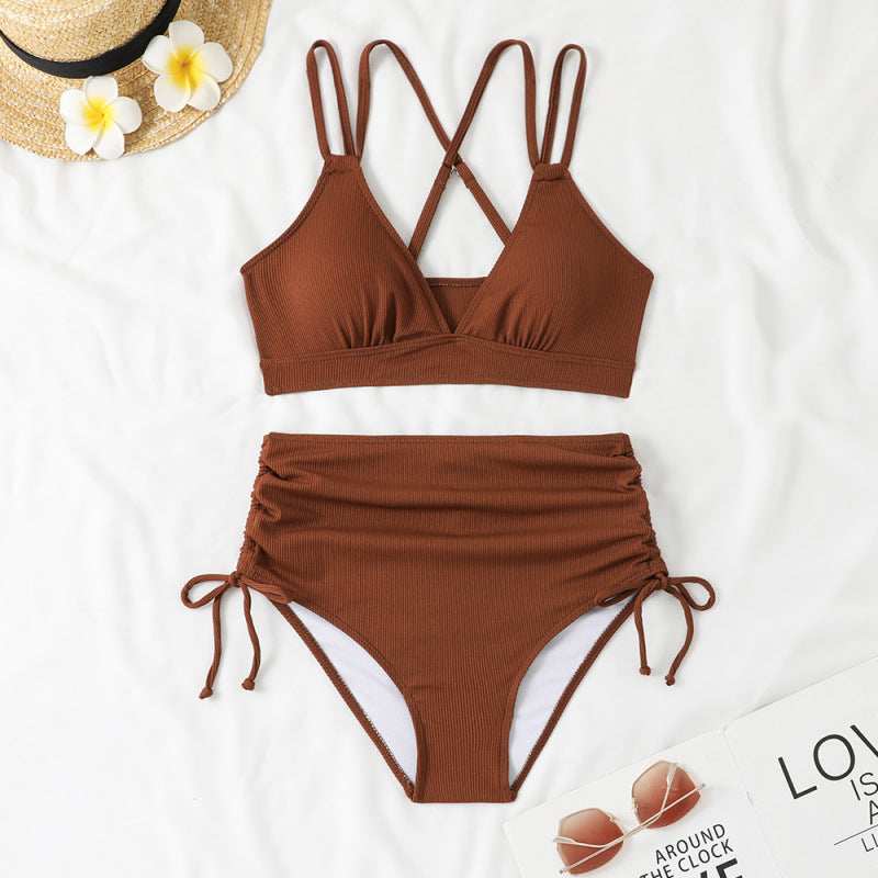 Swimwear Bikini Split High Waist Sunken Stripe Sexy Swimsuit Women Solid Color Split Swimsuit Swimsuit