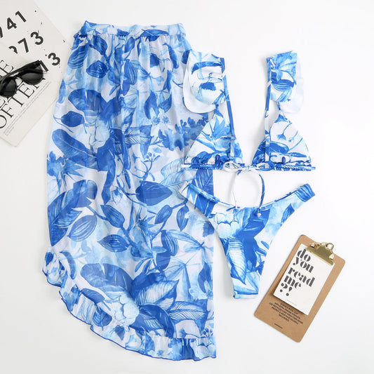 Women Printed Split Sexy Double Sided Mesh Triangle Bikini Swimsuit Three Piece Set